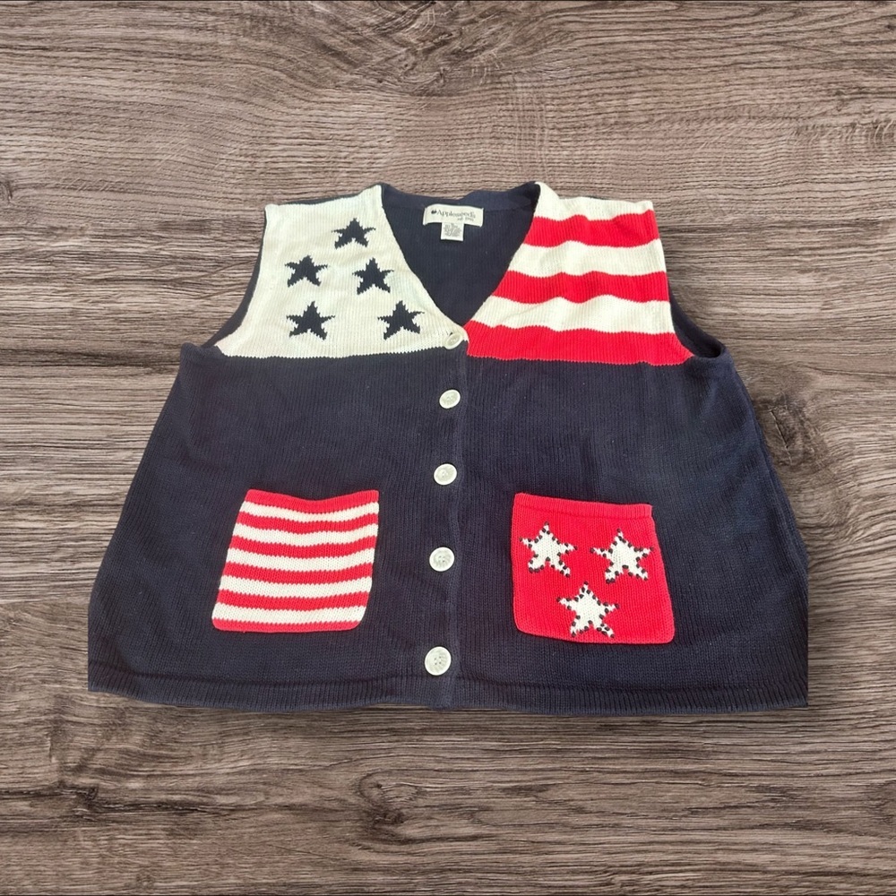Appleseeds Patriotic Flag Red White Blue Sweater Vest Ramie /Cotton Size XL